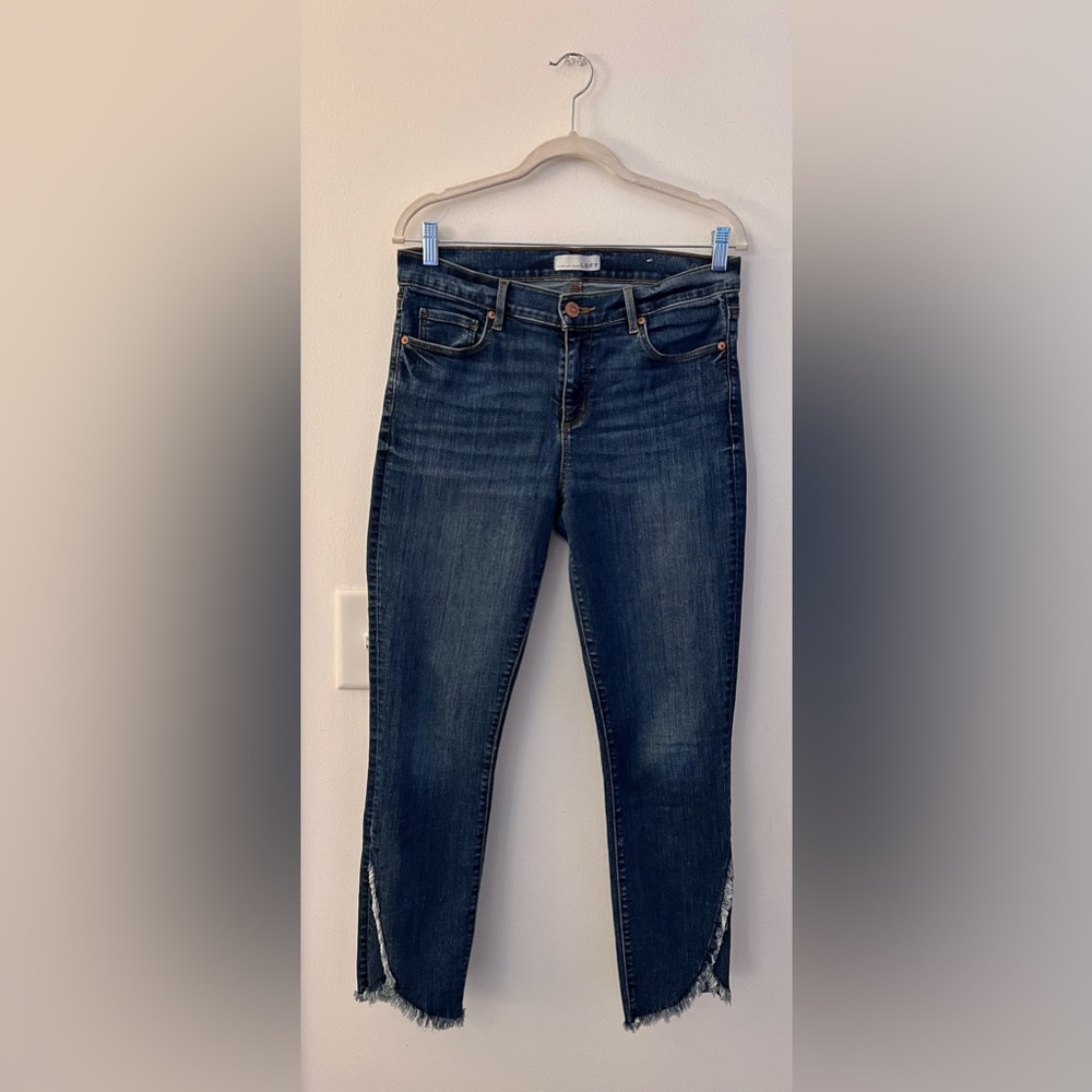Ann Taylor Loft Mid Rise Dark Wash Raw Hem Skinny Jeans, 29